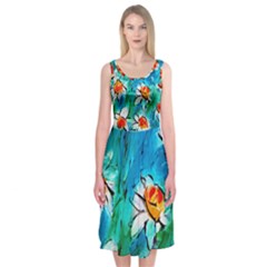 Abstract Daisys Floral Print  Midi Sleeveless Dress