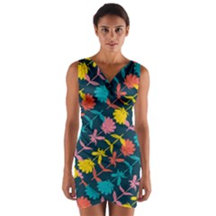 Colorful Floral Pattern Wrap Front Bodycon Dress