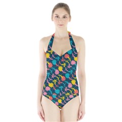 Colorful Floral Pattern Halter Swimsuit