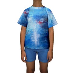 Abstract Blue And White Print  Kid s Short Sleeve Swimwear