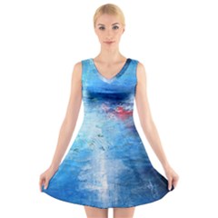 Abstract Blue And White Print  V-neck Sleeveless Skater Dress