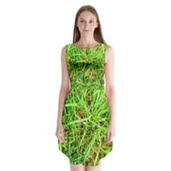 Natures Grass And Shamrock Print  Sleeveless Chiffon Dress  