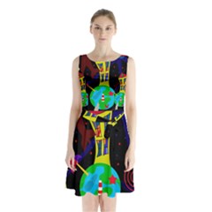 Colorful Universe Sleeveless Chiffon Waist Tie Dress