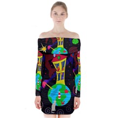 Colorful Universe Long Sleeve Off Shoulder Dress