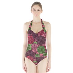 Red And Green Hypnoses Halter Swimsuit by Valentinaart