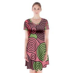 Red And Green Hypnoses Short Sleeve V-neck Flare Dress by Valentinaart