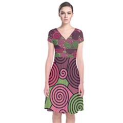 Red And Green Hypnoses Short Sleeve Front Wrap Dress