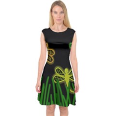 Neon Dragonflies Capsleeve Midi Dress