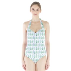 Green Watercolour Leaves Pattern Halter Swimsuit