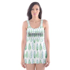 Green Watercolour Leaves Pattern Skater Dress Swimsuit by TanyaDraws