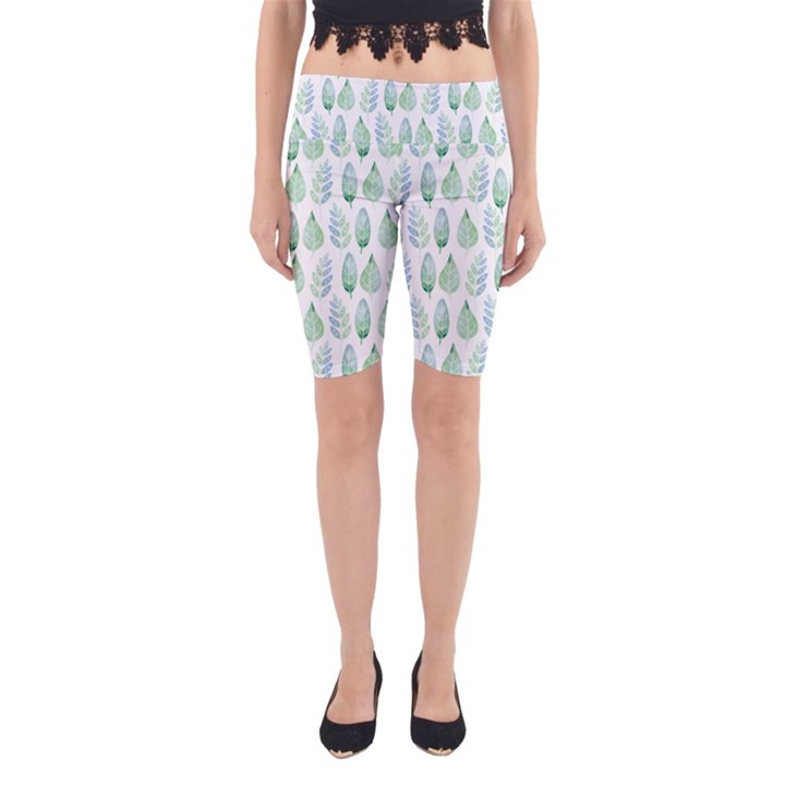 Green Watercolour Leaves Pattern Yoga Cropped Leggings