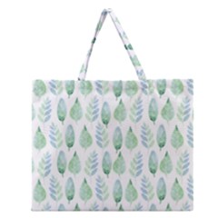 Green Watercolour Leaves Pattern Zipper Large Tote Bag