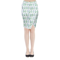 Green Watercolour Leaves Pattern Midi Wrap Pencil Skirt