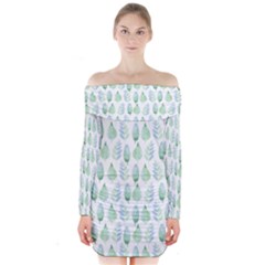 Green Watercolour Leaves Pattern Long Sleeve Off Shoulder Dress by TanyaDraws