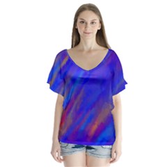 Smudges In Blue V-neck Flutter Sleeve Top