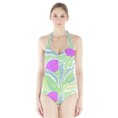 Purple Flowers Halter Swimsuit