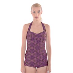 Fuchsia Abstract Shell Pattern Boyleg Halter Swimsuit 