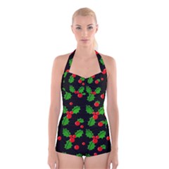 Christmas Berries Pattern  Boyleg Halter Swimsuit 