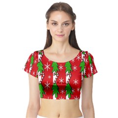 Christmas Tree Pattern - Red Short Sleeve Crop Top (tight Fit) by Valentinaart