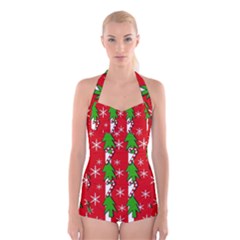 Christmas Tree Pattern - Red Boyleg Halter Swimsuit  by Valentinaart