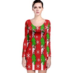 Christmas Tree Pattern - Red Long Sleeve Velvet Bodycon Dress