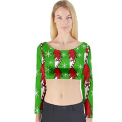 Christmas Pattern - Green Long Sleeve Crop Top by Valentinaart