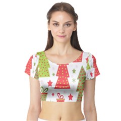 Christmas Design - Green And Red Short Sleeve Crop Top (tight Fit) by Valentinaart