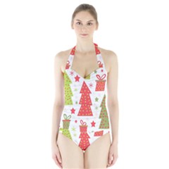 Christmas Design - Green And Red Halter Swimsuit by Valentinaart