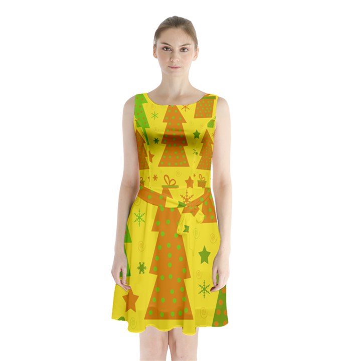 Christmas design - yellow Sleeveless Chiffon Waist Tie Dress