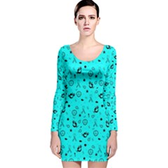 Pots Mermaid Print In Turquoise Long Sleeve Velvet Bodycon Dress by AwareWithFlair