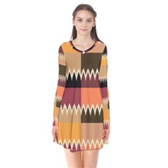 Chevrons In Squares    Long Sleeve V-neck Flare Dress