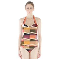 Chevrons In Squares                                                                                                 Women s Halter One Piece Swimsuit