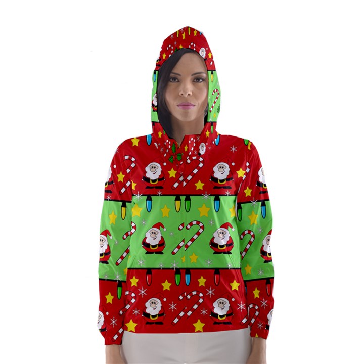 Christmas pattern - green and red Hooded Wind Breaker (Women)