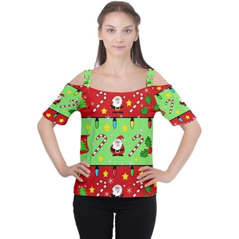 Christmas Pattern - Green And Red Women s Cutout Shoulder Tee by Valentinaart