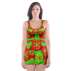 Snowflake Red And Green Pattern Skater Dress Swimsuit