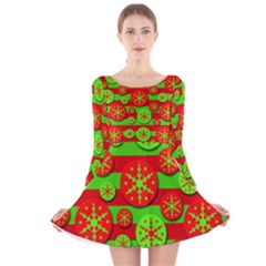 Snowflake Red And Green Pattern Long Sleeve Velvet Skater Dress