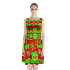 Snowflake Red And Green Pattern Sleeveless Chiffon Waist Tie Dress by Valentinaart