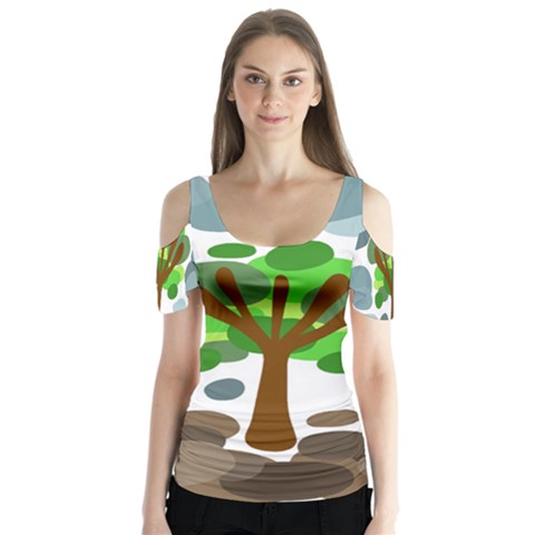 Tree Butterfly Sleeve Cutout Tee  by Valentinaart