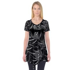 Black Floral Design Short Sleeve Tunic  by Valentinaart