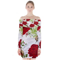 Red Roses Long Sleeve Off Shoulder Dress