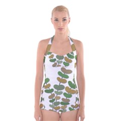 Green Decorative Plant Boyleg Halter Swimsuit  by Valentinaart