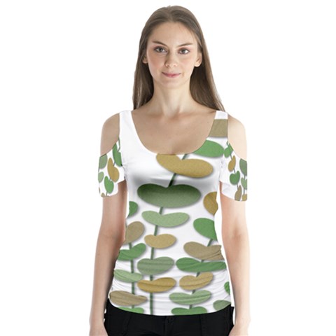 Green Decorative Plant Butterfly Sleeve Cutout Tee  by Valentinaart