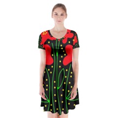 Red Flowers Short Sleeve V-neck Flare Dress by Valentinaart