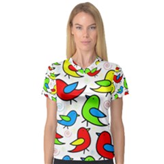 Colorful Cute Birds Pattern Women s V-neck Sport Mesh Tee