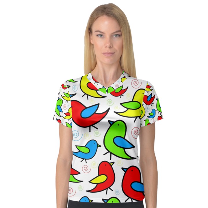 Colorful cute birds pattern Women s V-Neck Sport Mesh Tee