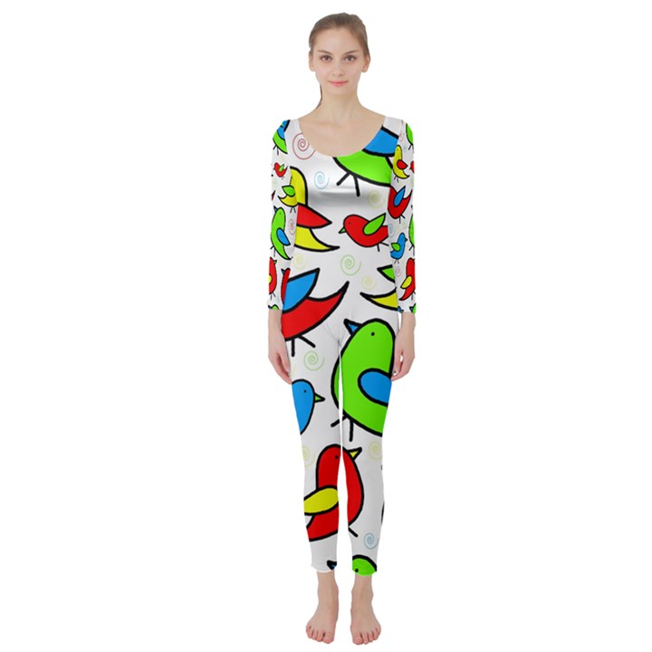 Colorful cute birds pattern Long Sleeve Catsuit