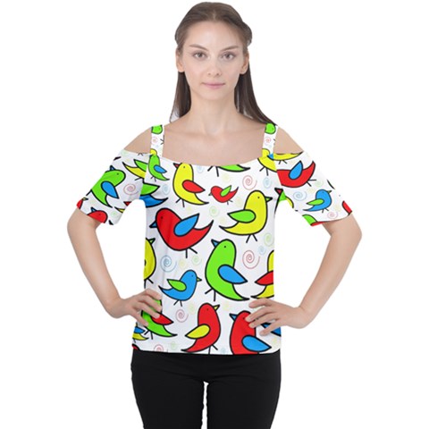 Colorful Cute Birds Pattern Women s Cutout Shoulder Tee by Valentinaart