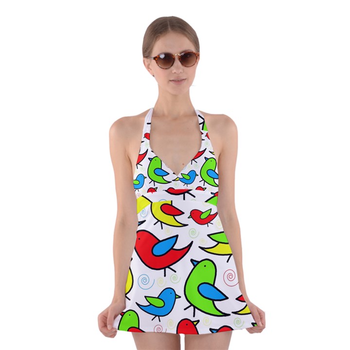 Colorful cute birds pattern Halter Swimsuit Dress