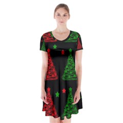 Decorative Christmas Trees Pattern Short Sleeve V-neck Flare Dress by Valentinaart