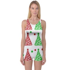 Decorative Christmas Trees Pattern - White One Piece Boyleg Swimsuit by Valentinaart